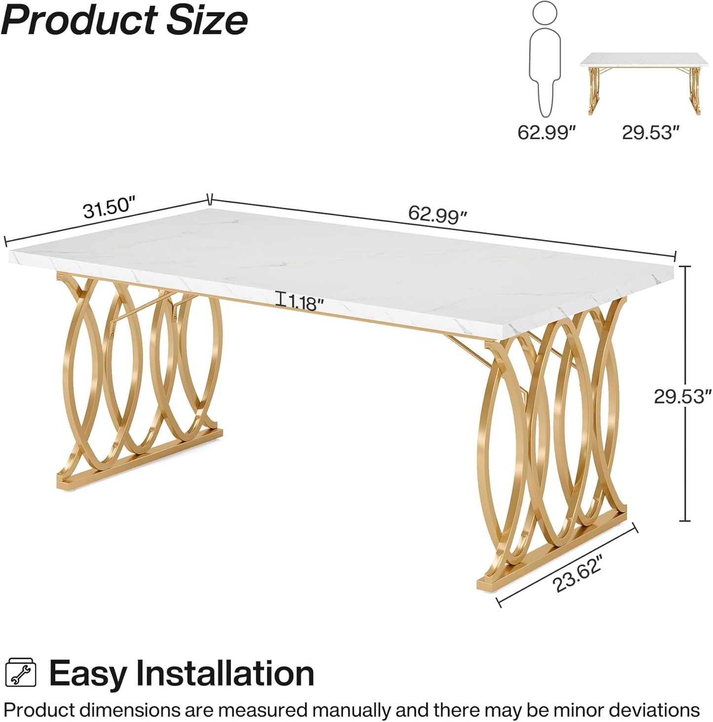 63" Modern Dining Table with Faux Marble Tabletop for 4-6 People