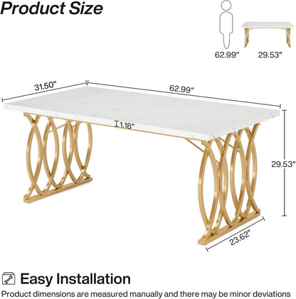 63" Modern Dining Table with Faux Marble Tabletop for 4-6 People