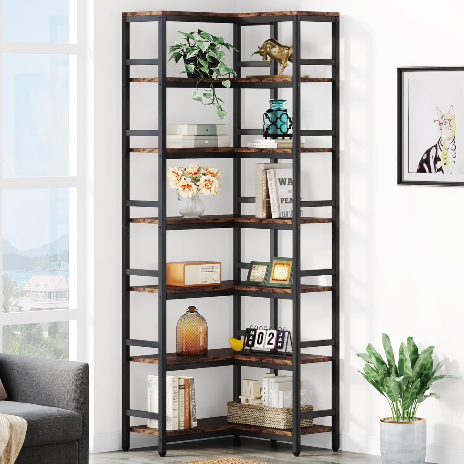 Industrial Corner Bookshelf, 7-Tier Bookcase Etagere Display Rack