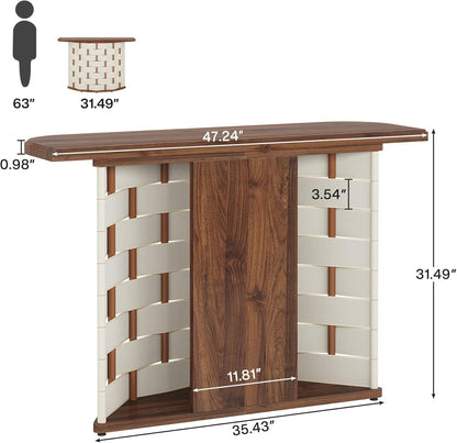 Half-Moon Console Table, 47-Inch Sofa Table with Woven Leather Base