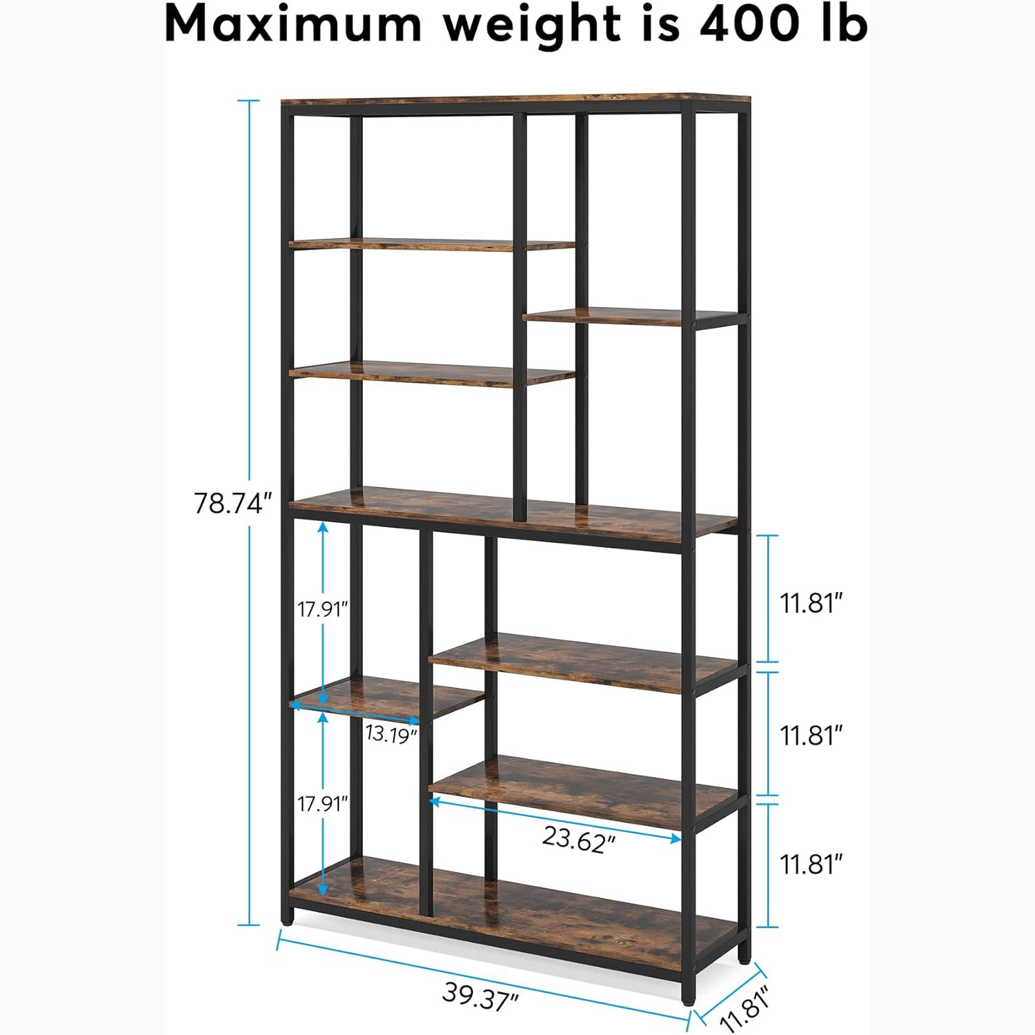 79" Industrial Bookcase - 8-Shelf Staggered Wood & Metal Display Shelf
