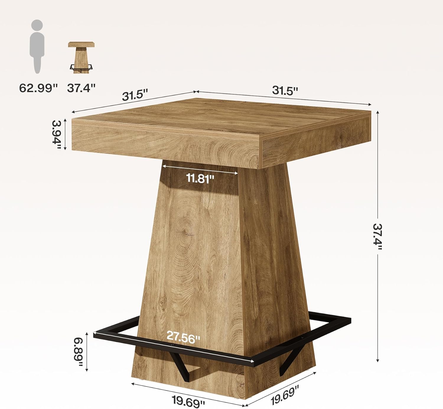 31.5-Inch Square Bar Table with 37.4-Inch Height and Metal Footrest for Dining Room and Bistro