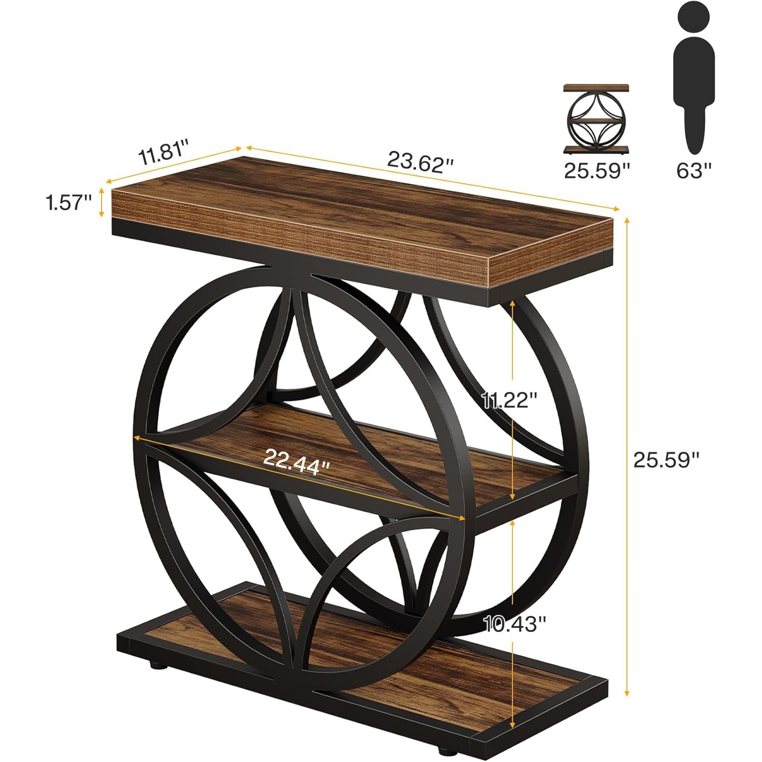 18" Industrial Side Table - 3-Tier End Table w/Metal Frame