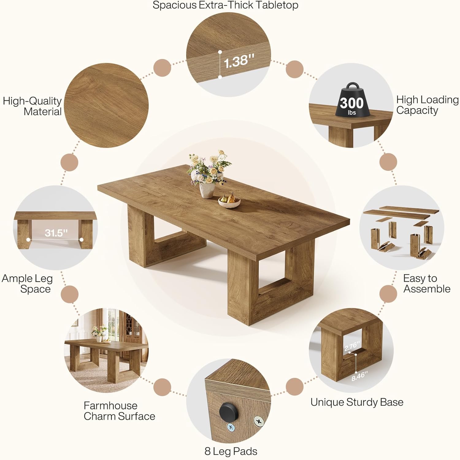 Tribesigns 63-Inch Farmhouse Dining Table for 4-6 People, Rectangular Kitchen Table with Heavy Duty Legs for Dining Room