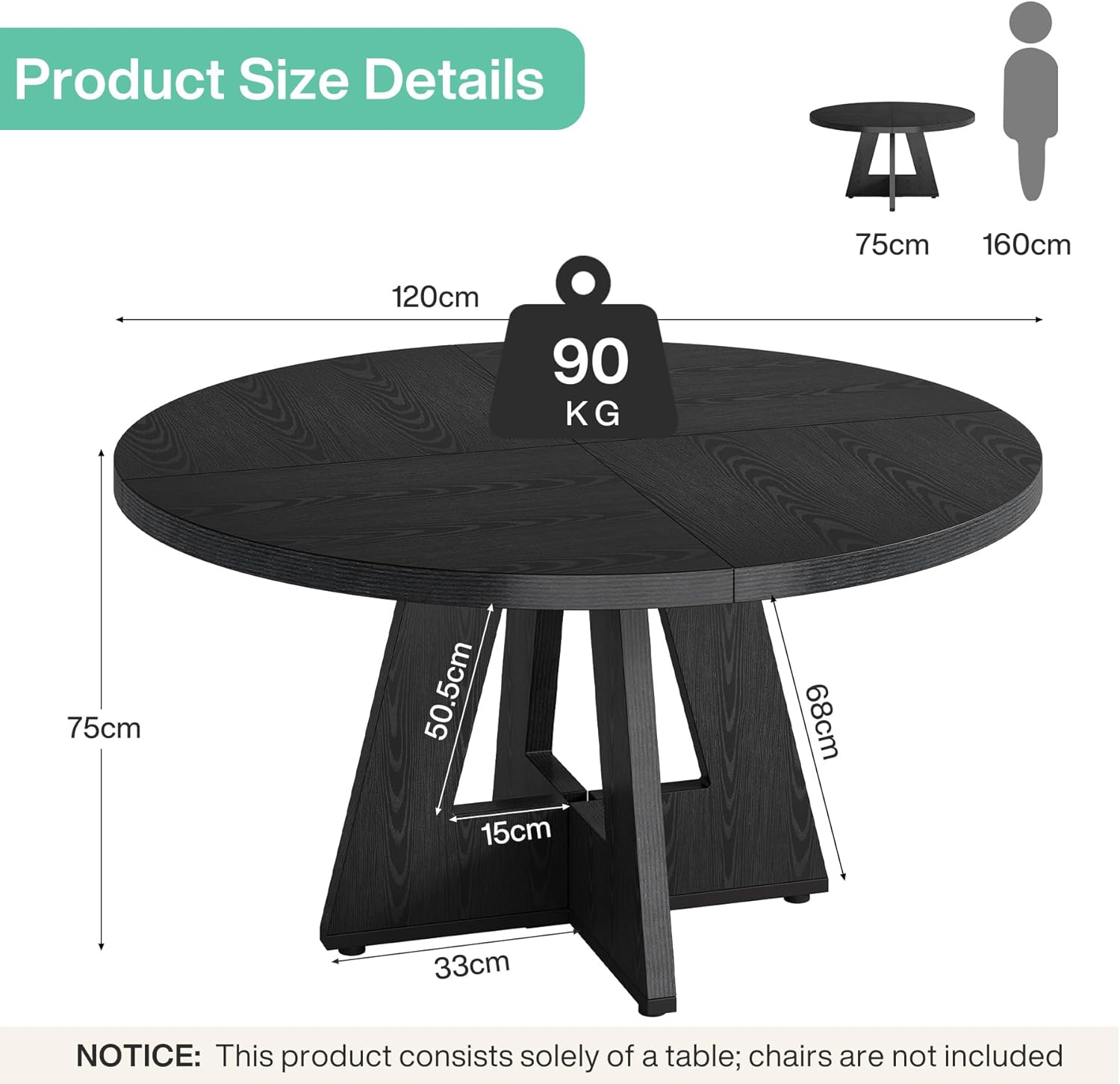 47-Inch Round Dining Table - Wood Kitchen Table for Dining Room and Living Room