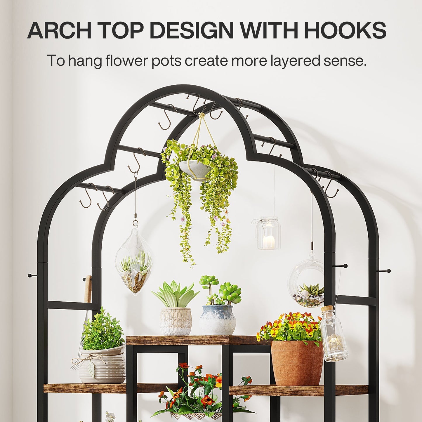 74.8" Arch Plant Stand, 6-Tier Flower Bonsai Shelf with 10 Hanging Hooks Tribesigns