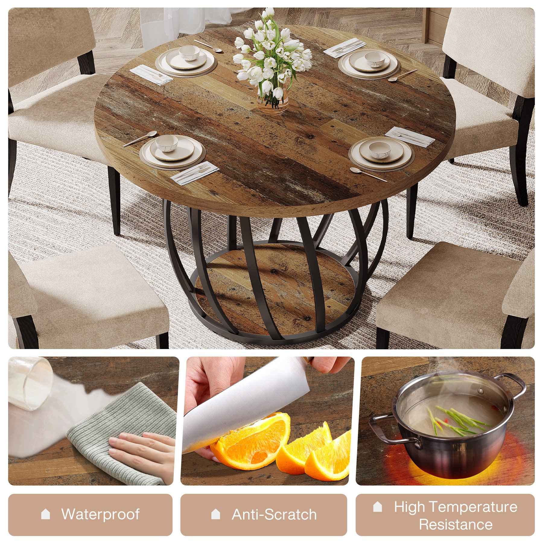 4-6 People Farmhouse Dining Table, Wood Kitchen Table with Sturdy Metal Base