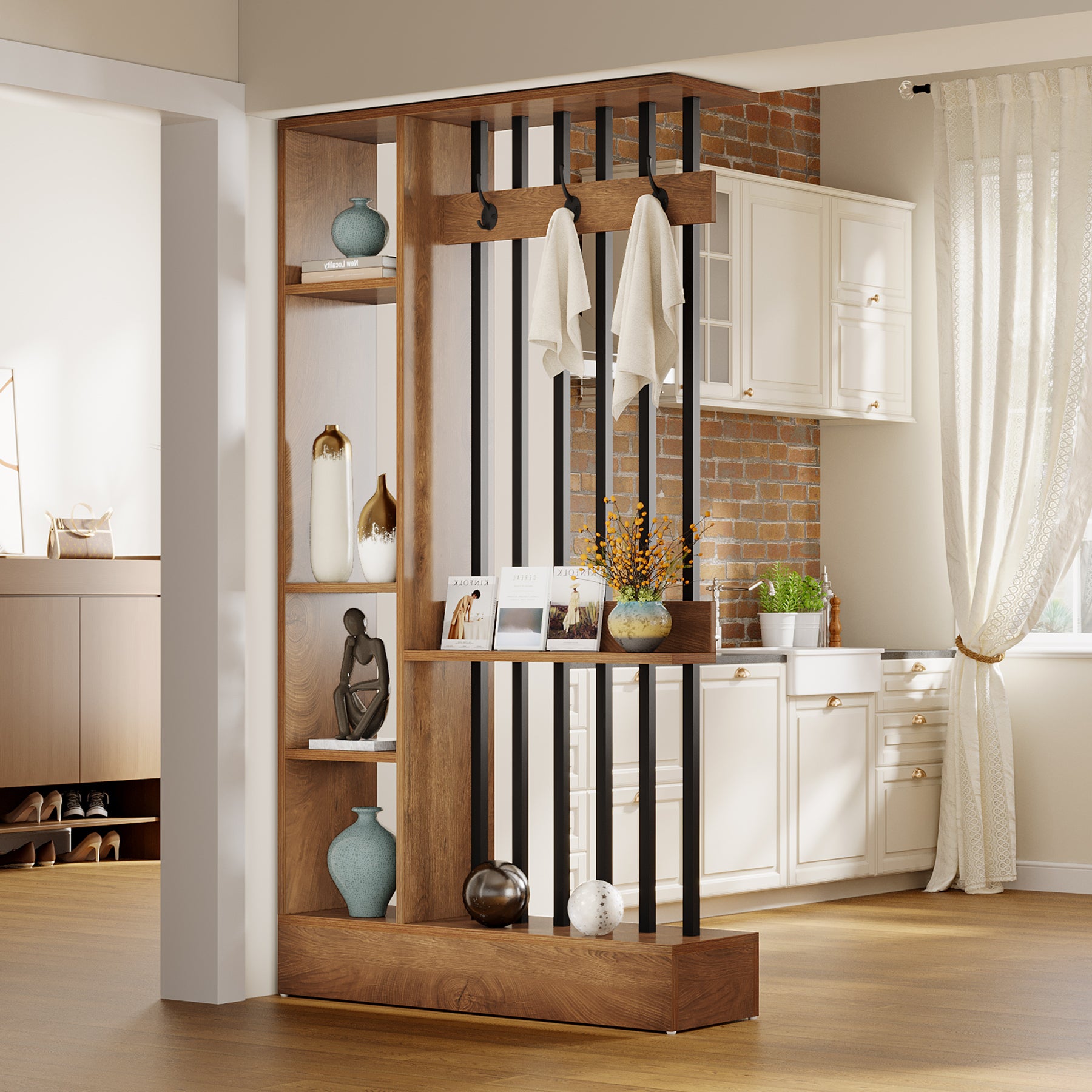 70.9 Inch Room Divider, Freestanding Bookshelf Partition with Shelves and Coat Hooks