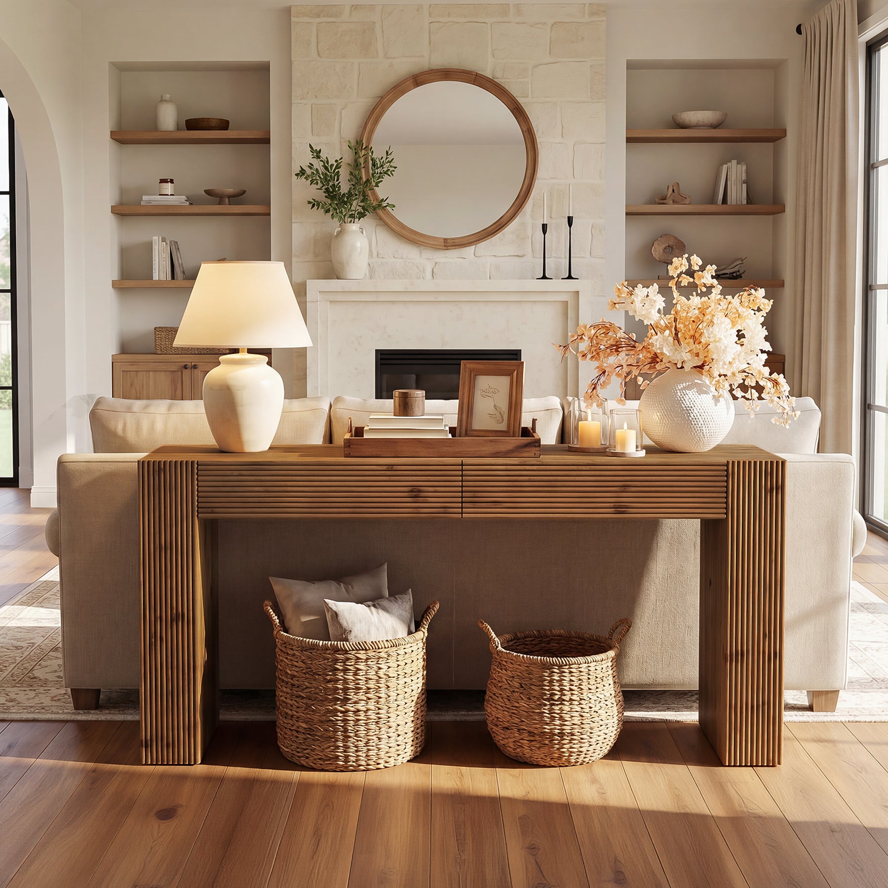 Tribesigns 63-Inch Solid Wood Console Table with 2 Drawers, Fluted Farmhouse Table for Hallway