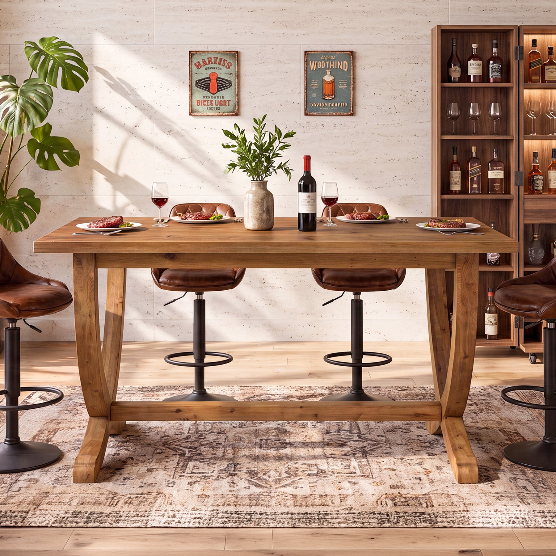 Tribesigns 59 Inch Solid Wood Counter Height Dining Table with Footrest, Farmhouse Bar Table for 4-6