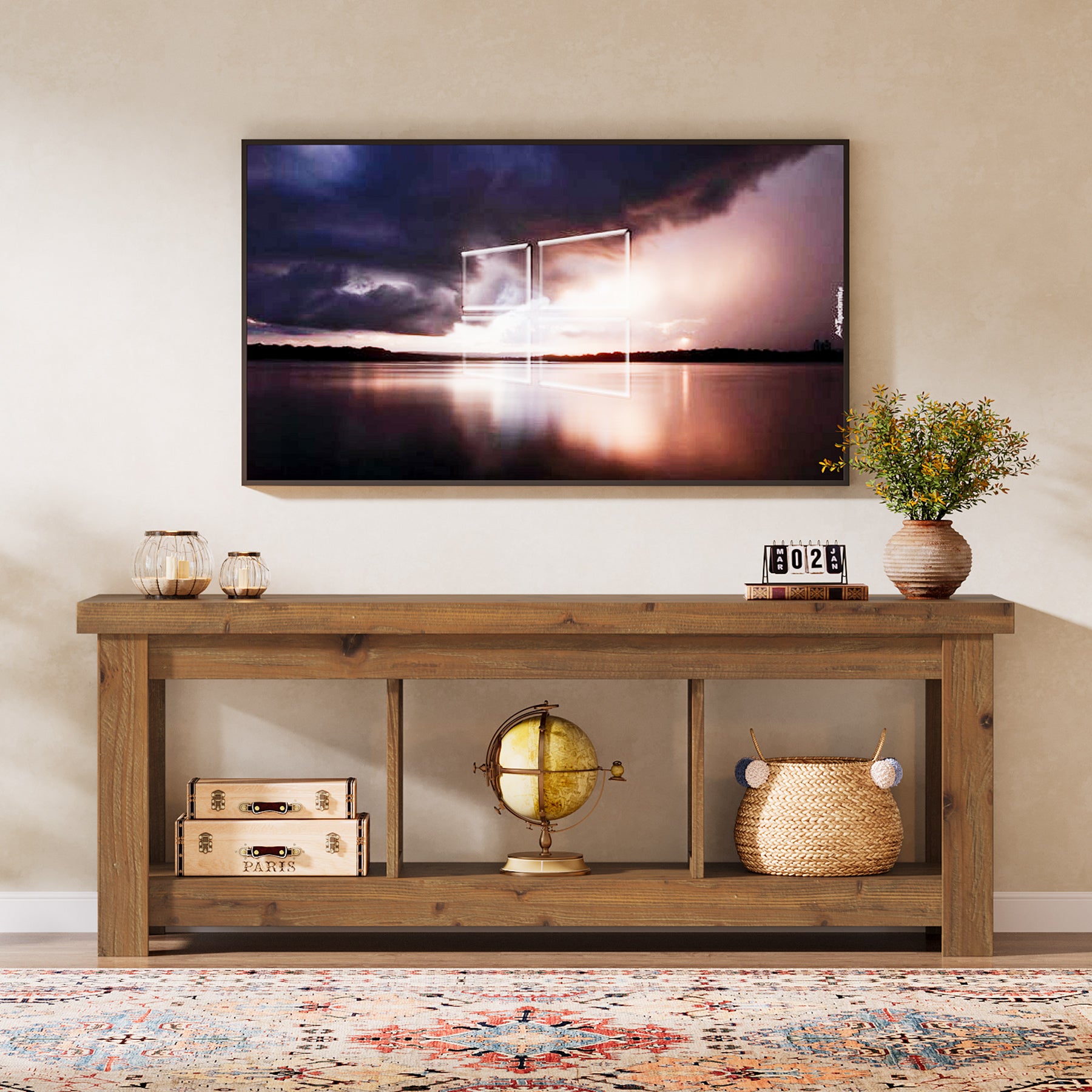 Tribesigns 63-Inch Solid Wood TV Stand with 3 Open Storage Shelves, Farmhouse Entertainment Center for TVs up to 75 Inches