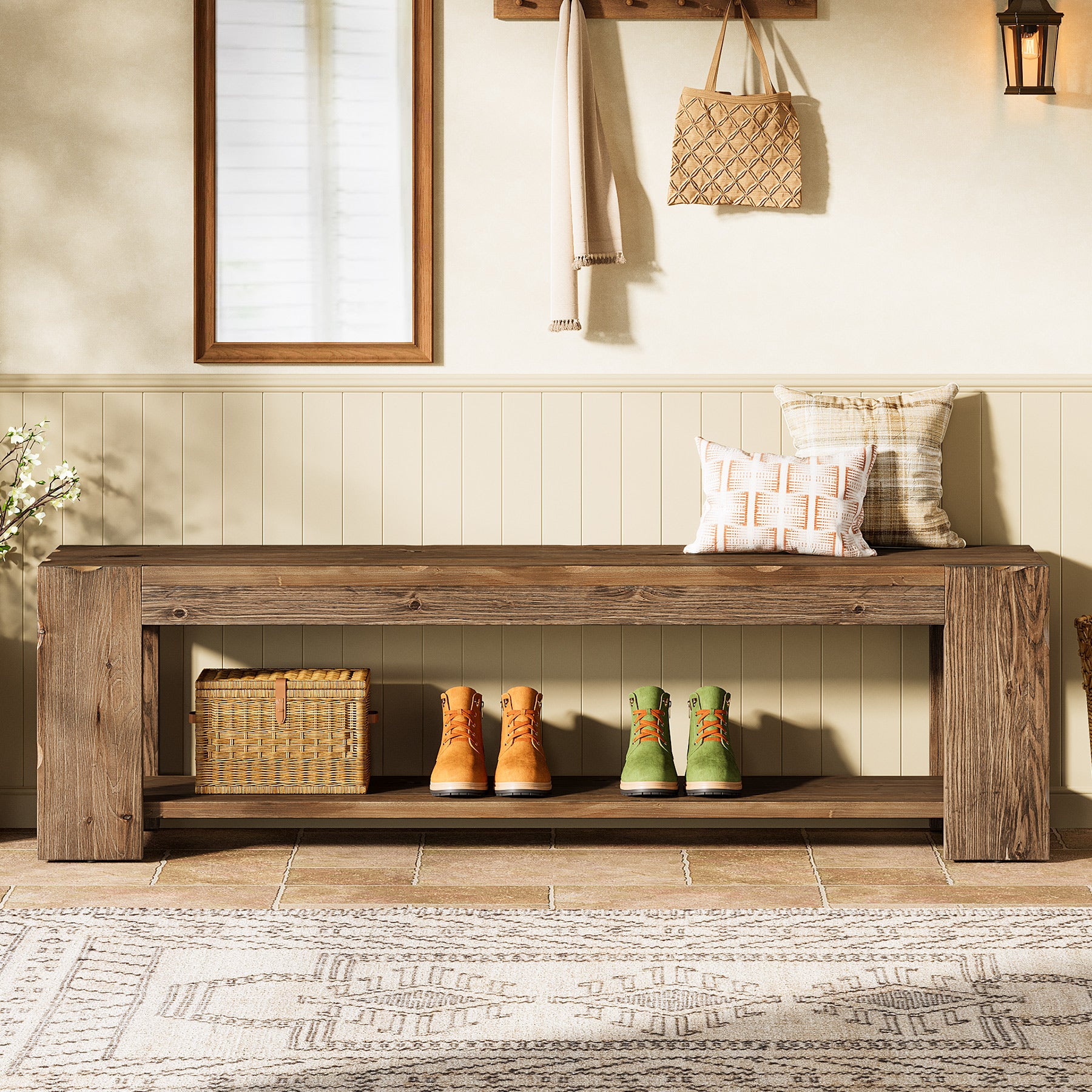 Tribesigns 55.12 Inch Solid Wood Entryway Bench with Storage Shelf, Rustic Shoe Bench for Hallway