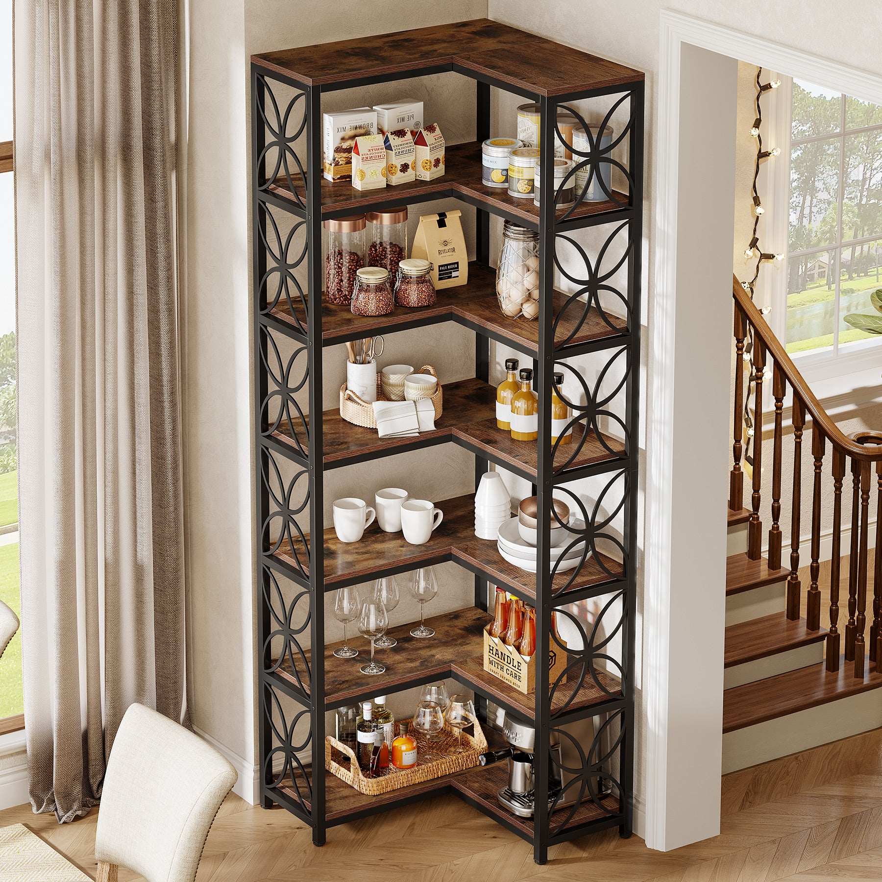 Tribesigns 79-Inch 7-Tier L-Shaped Corner Bookshelf, Tall Wood Bookcase with Metal Frame for Living Room or Office