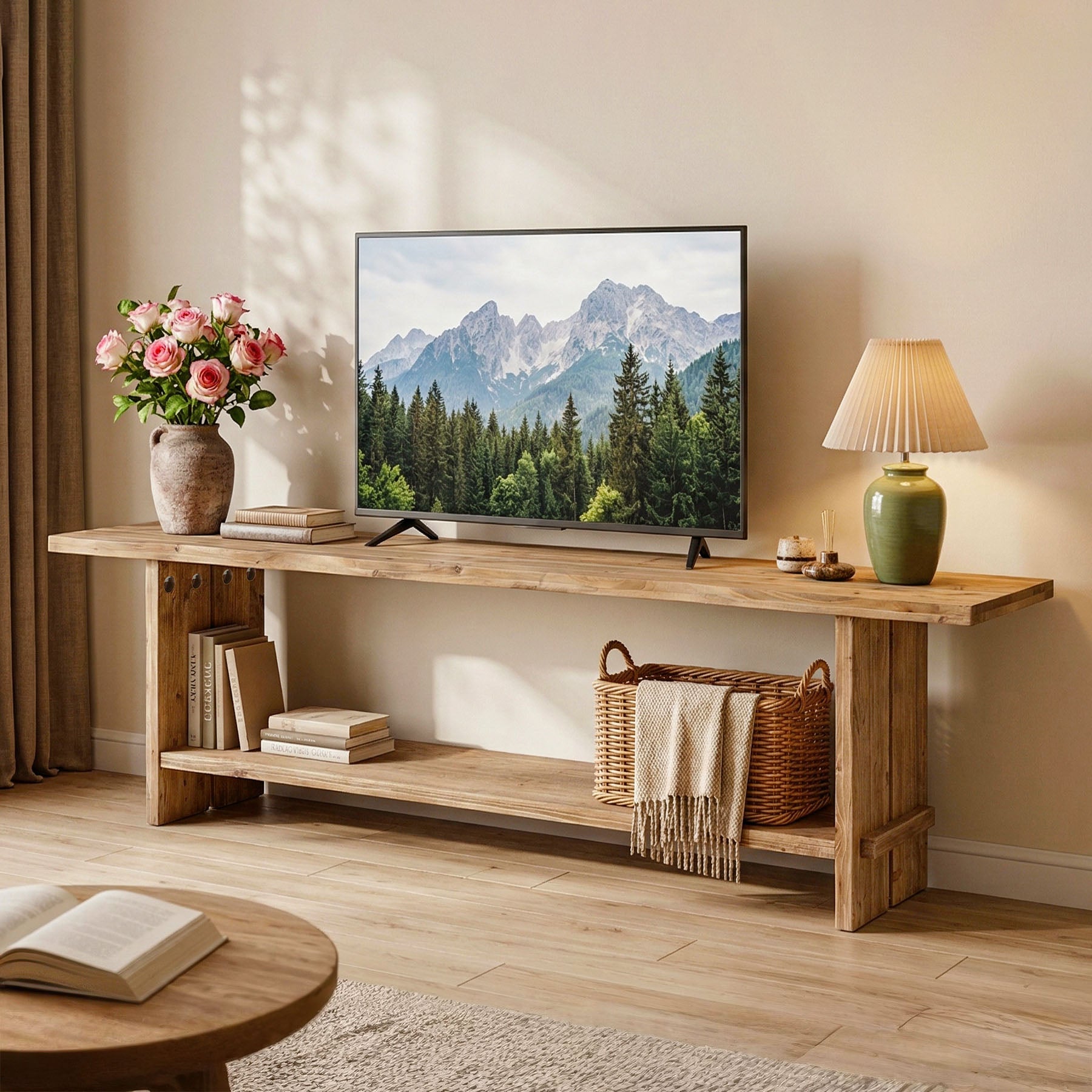 Tribesigns 71 Inch Solid Wood TV Stand with 2-Tier Storage, Media Console for 55 to 85 Inch TVs