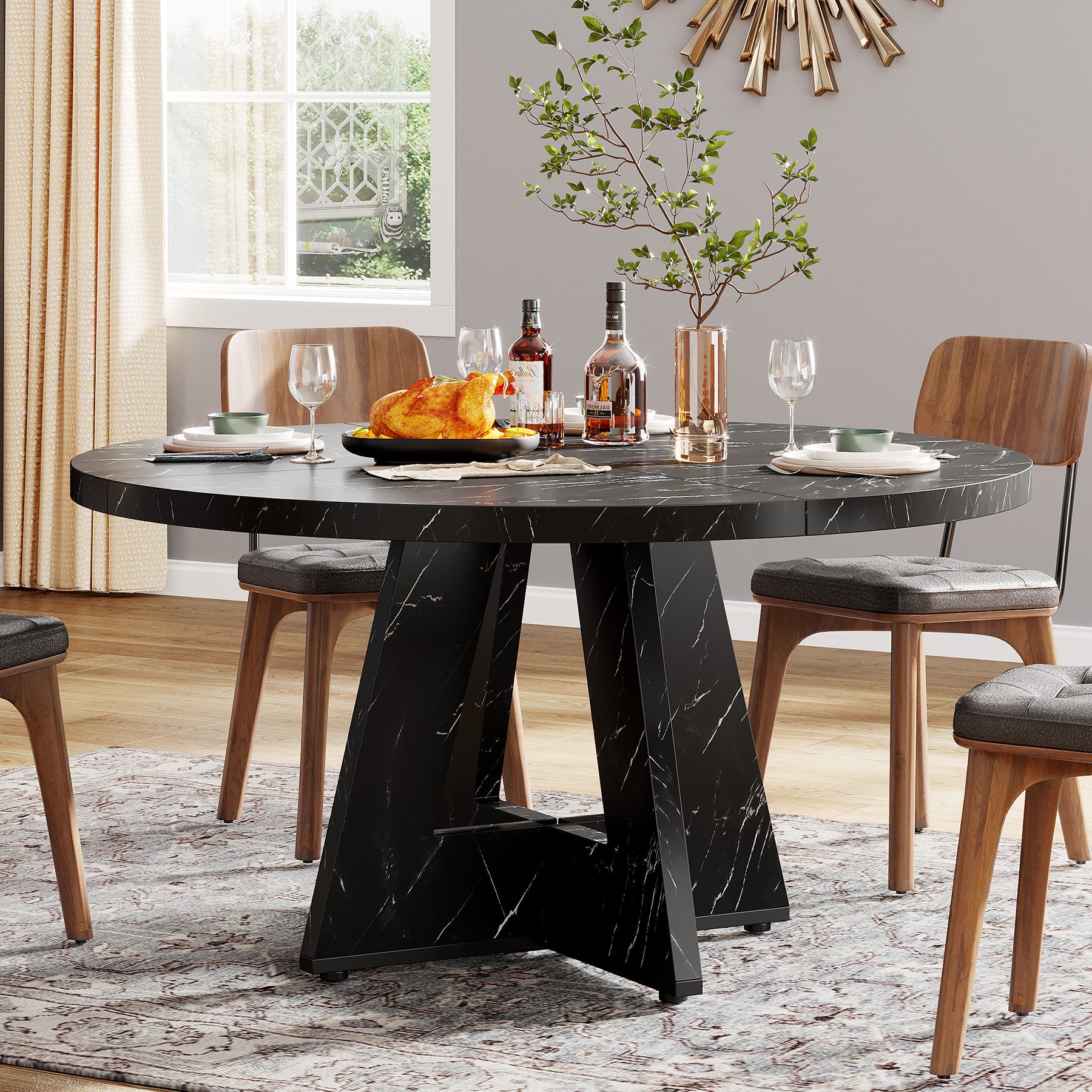 47-Inch Round Dining Table, Farmhouse Wood Kitchen Table for 4-6 with Cross Base