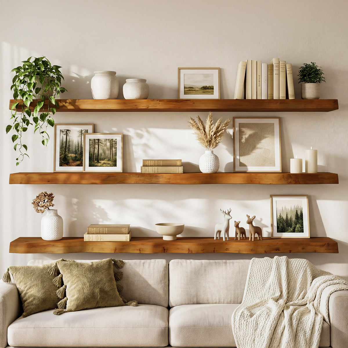 Tribesigns 47.24" Solid Wood Floating Shelves Set of 3 with Live Edge Design, Wall Decor Storage