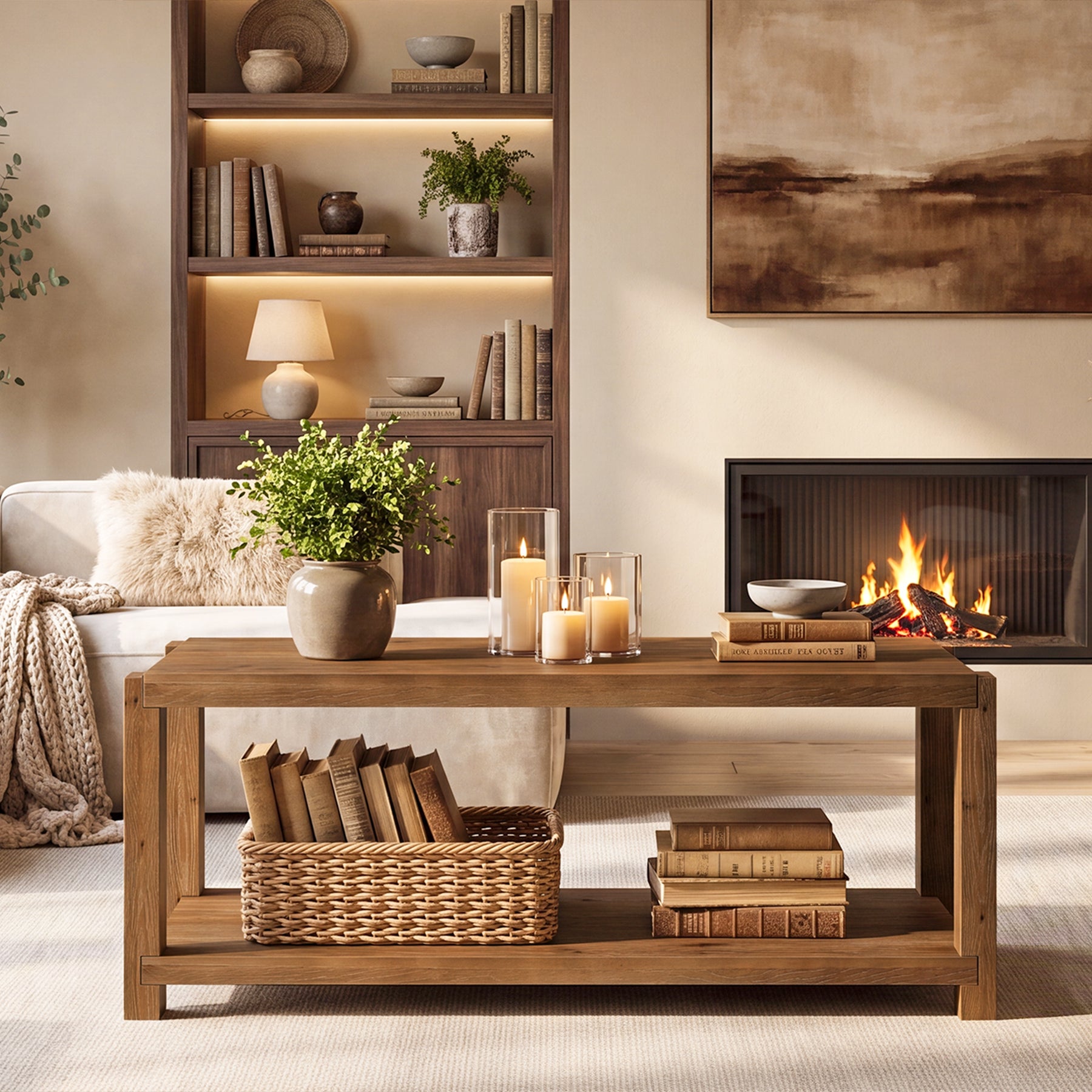 Tribesigns 47-Inch Solid Wood Coffee Table, 2-Tier Farmhouse Cocktail Table with Storage Shelf