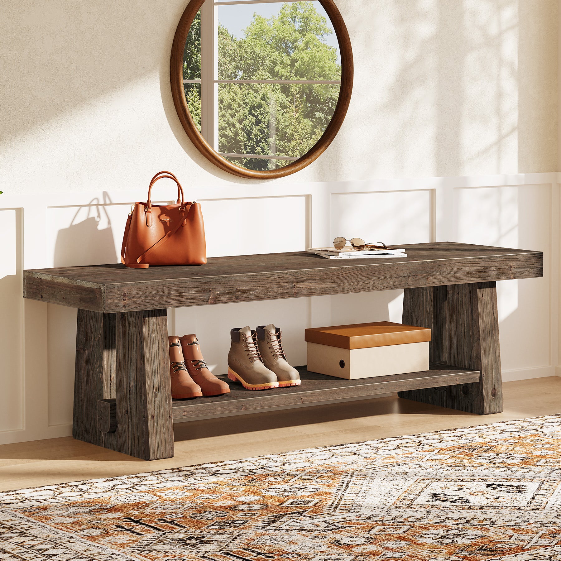 Tribesigns 63-Inch Solid Wood Farmhouse Bench with 2-Tier Open Shoe Storage