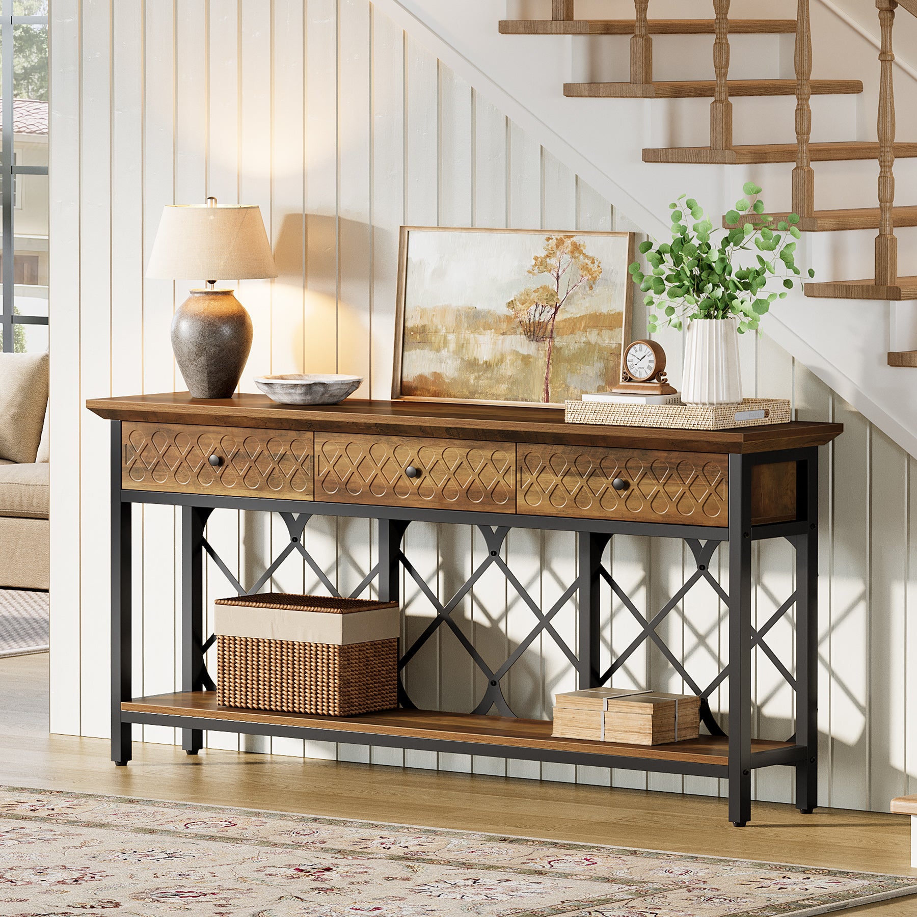 Tribesigns 70.86-Inch Extra Long Console Table with 3 Drawers and Storage Shelf, Industrial Narrow Sofa Table for Living Room Entryway and Hallway