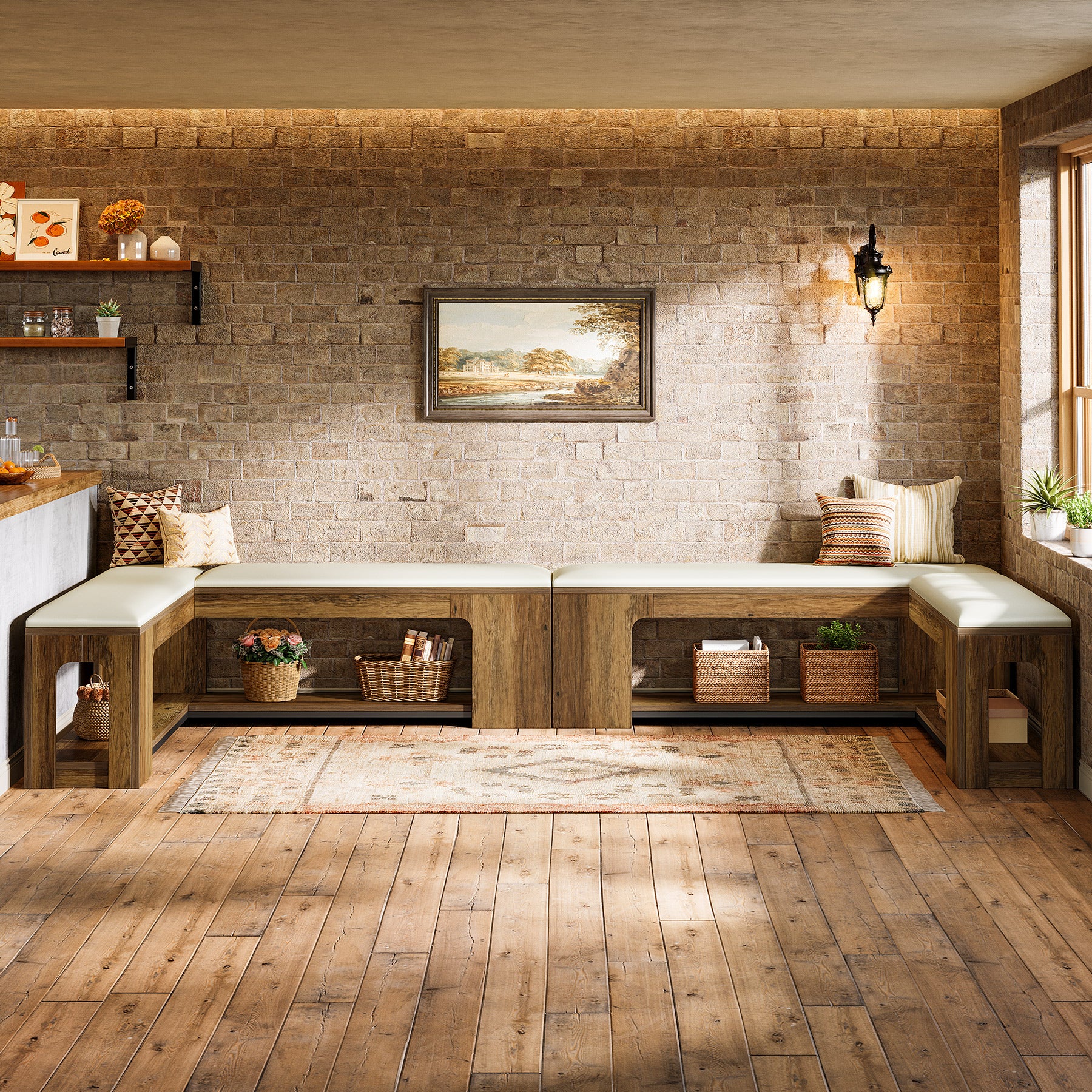 47.24-Inch L Shaped Corner Bench with Removable Seat Cushion and 2-Tier Storage, Farmhouse Breakfast Nook Bench
