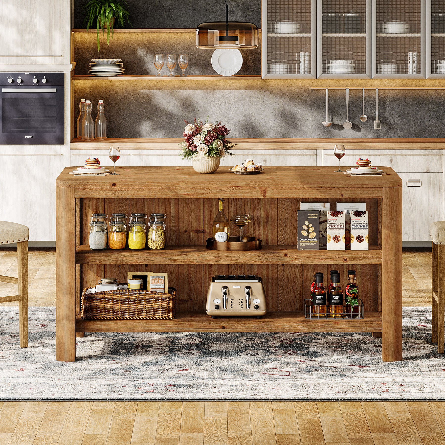 Tribesigns 63-Inch Farmhouse Kitchen Island, Solid Wood Island Table with Open Storage Shelves