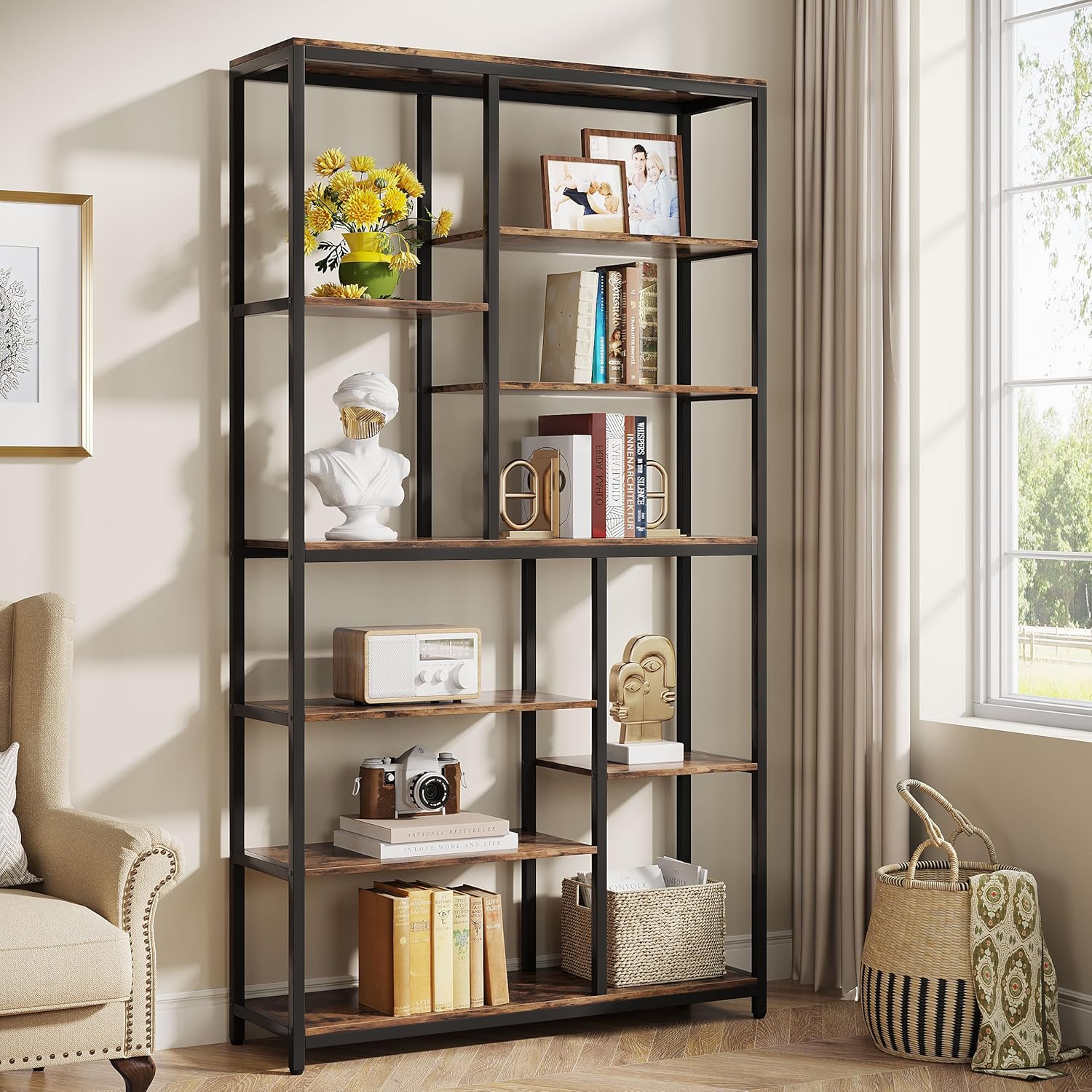79" Industrial Bookcase - 8-Shelf Staggered Wood & Metal Display Shelf