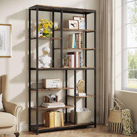 79" Industrial Bookcase - 8-Shelf Staggered Wood & Metal Display Shelf