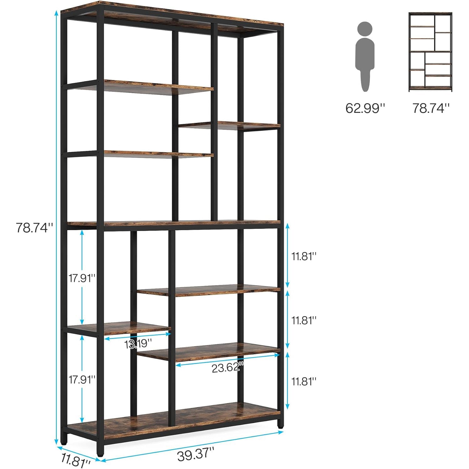 79" Industrial Bookcase - 8-Shelf Staggered Wood & Metal Display Shelf