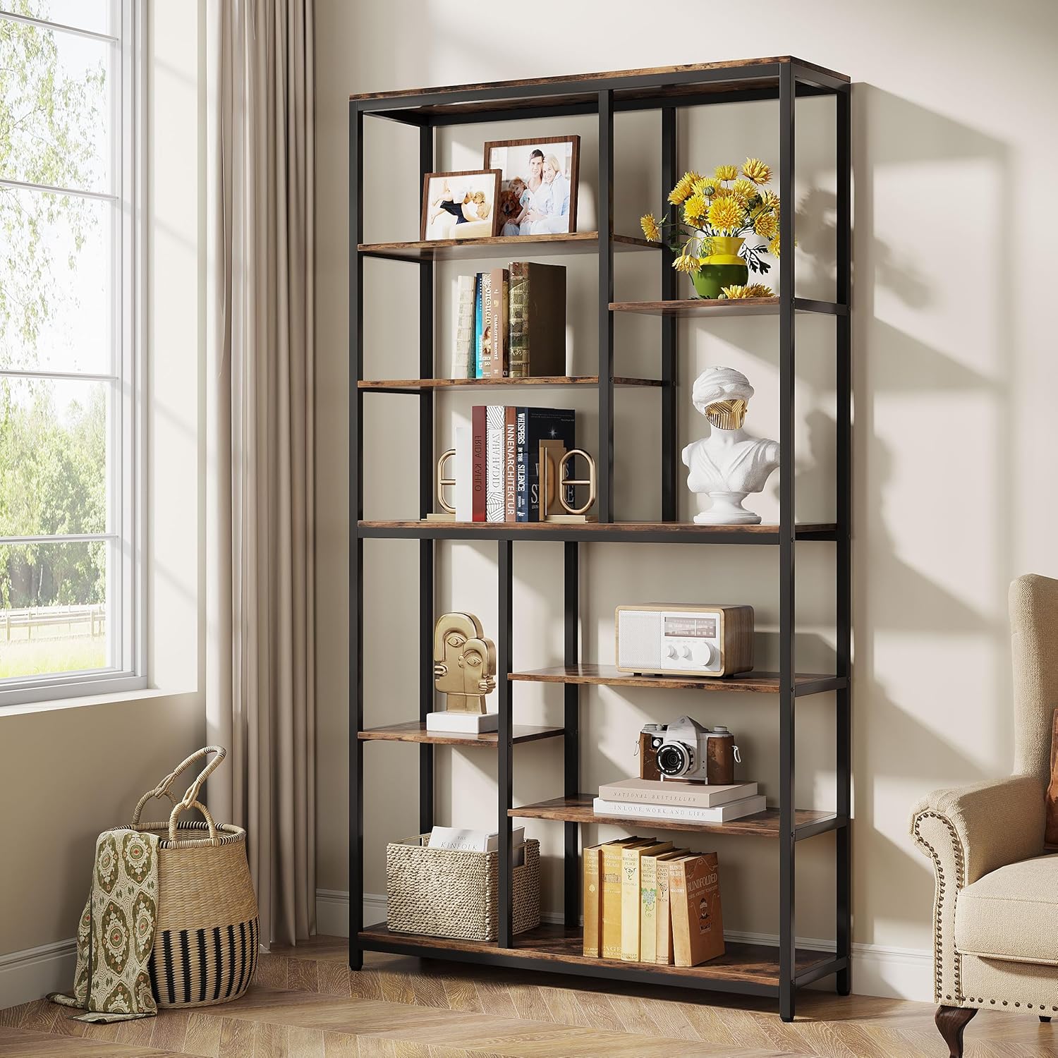 79" Industrial Bookcase - 8-Shelf Staggered Wood & Metal Display Shelf