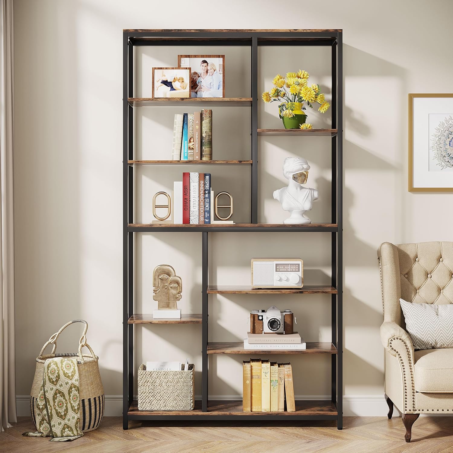 79" Industrial Bookcase - 8-Shelf Staggered Wood & Metal Display Shelf