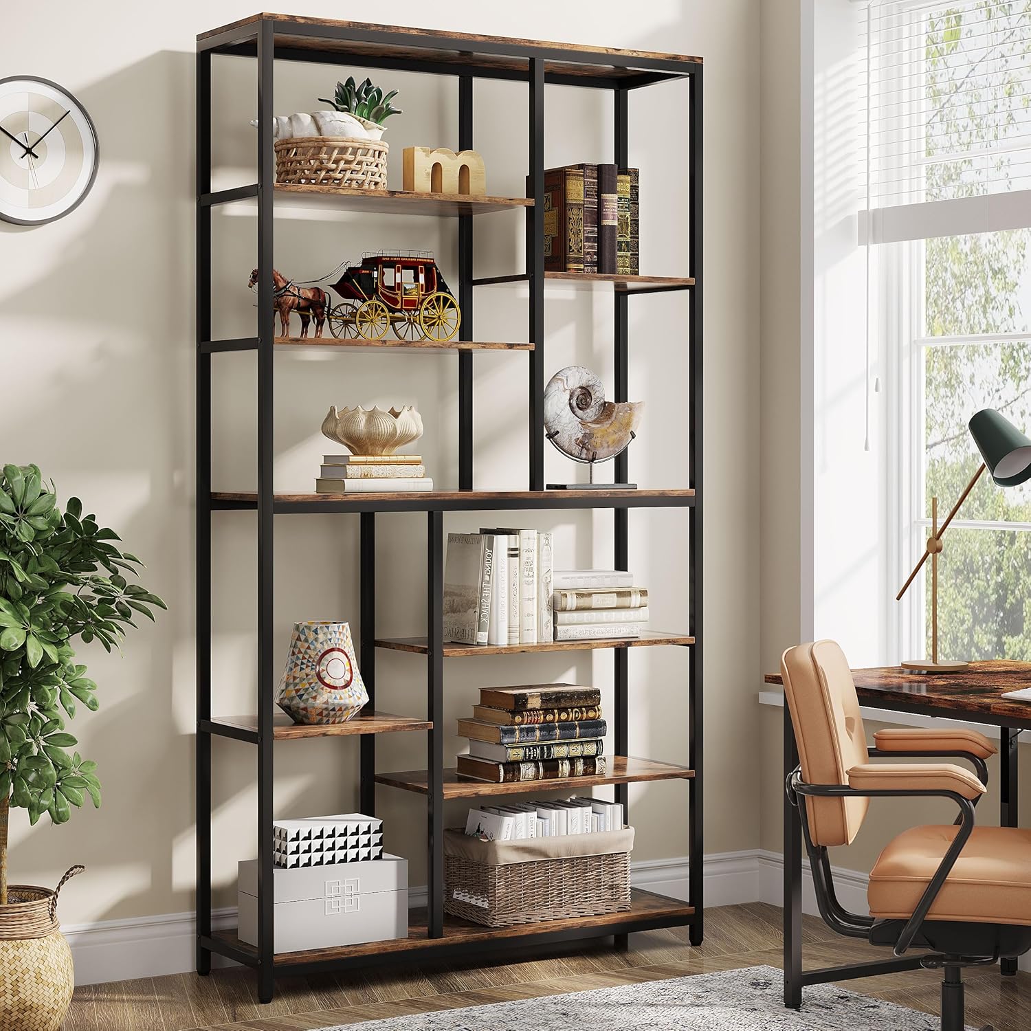 79" Industrial Bookcase - 8-Shelf Staggered Wood & Metal Display Shelf