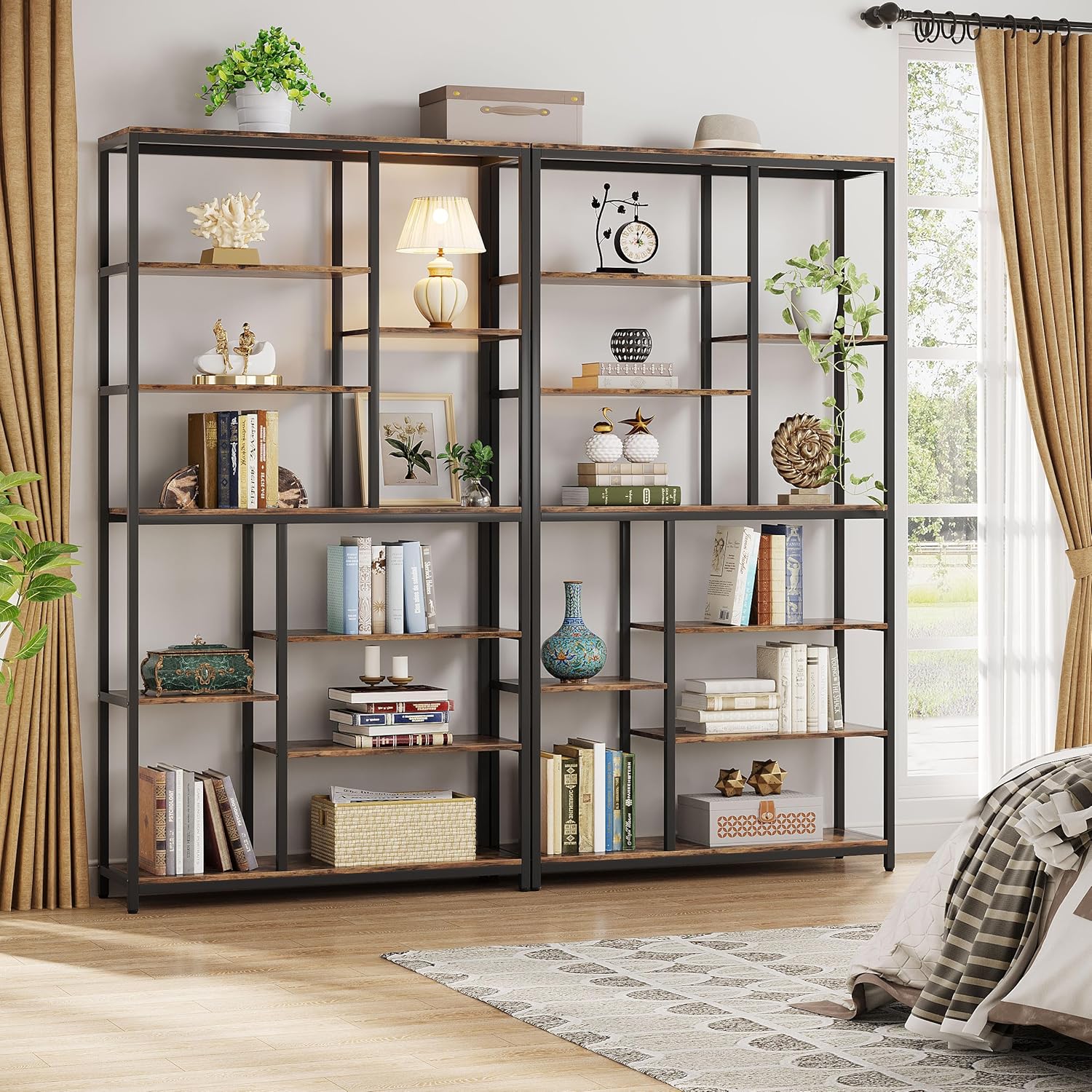 79" Industrial Bookcase - 8-Shelf Staggered Wood & Metal Display Shelf