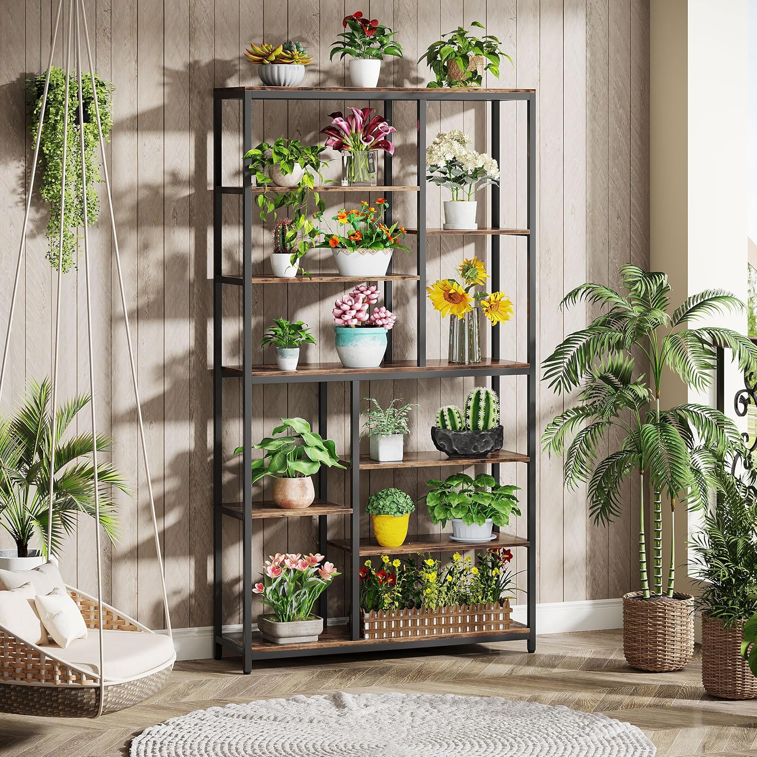 79" Industrial Bookcase - 8-Shelf Staggered Wood & Metal Display Shelf