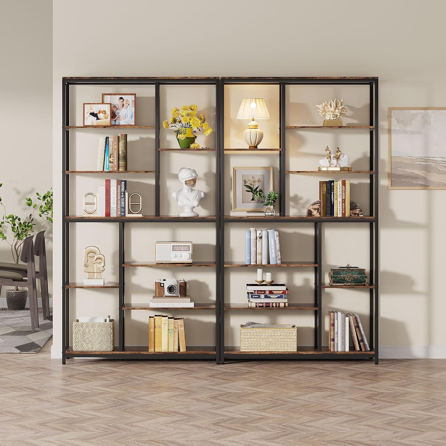 79" Industrial Bookcase - 8-Shelf Staggered Wood & Metal Display Shelf