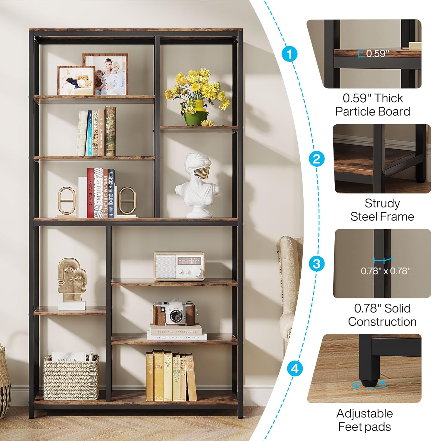 79" Industrial Bookcase - 8-Shelf Staggered Wood & Metal Display Shelf