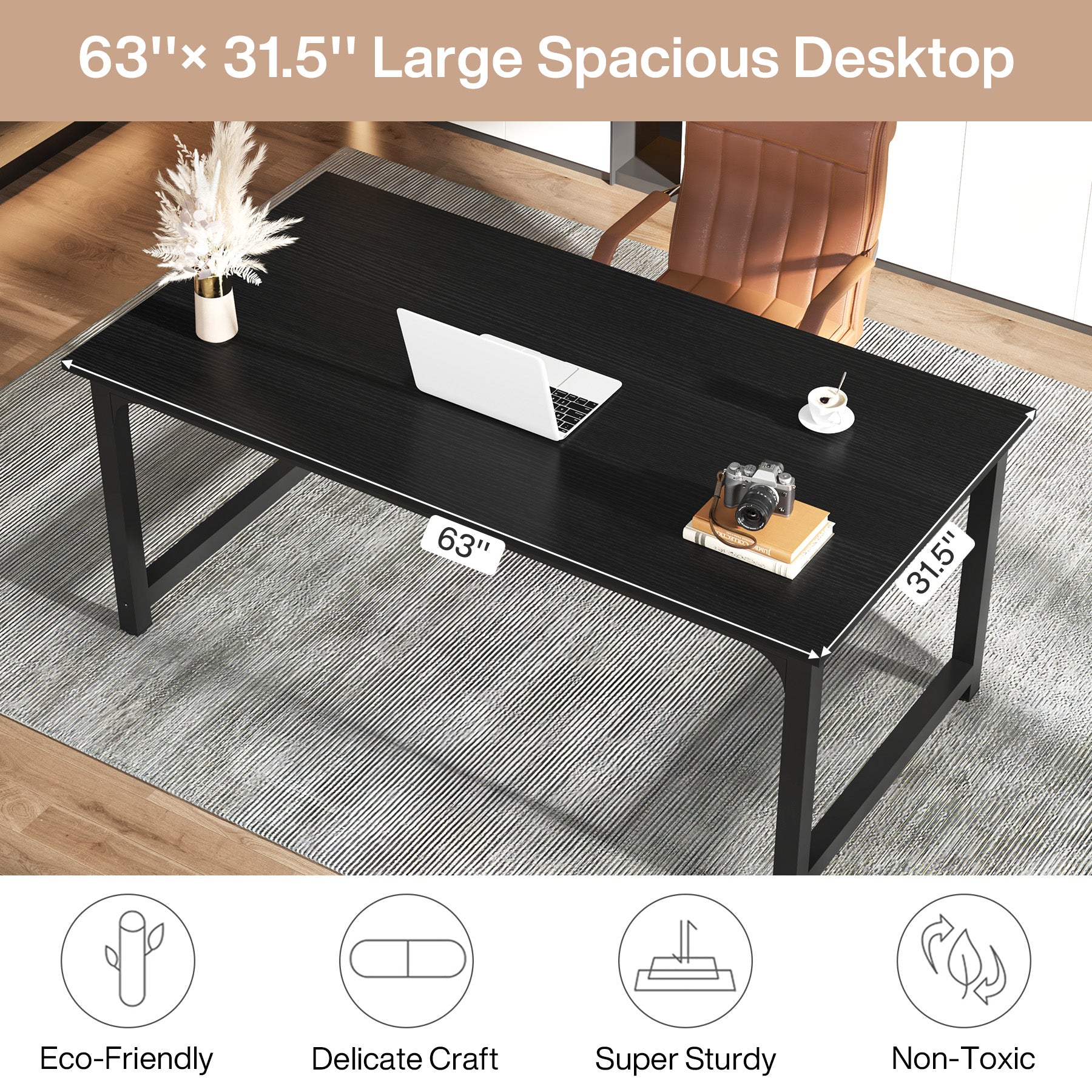 63 x 31.5 Inch Modern Large Desk, Office Writing Workstation in Rustic and Black
