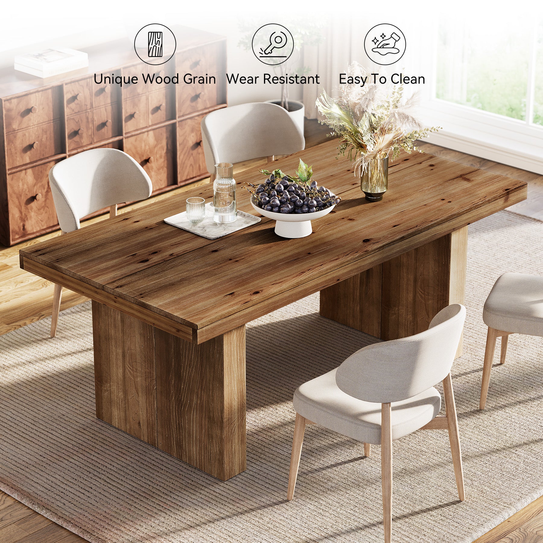 Tribesigns 63-Inch Solid Wood Dining Table for 4-6 People, Farmhouse Rectangle Kitchen Table with Heavy-Duty Wooden Legs for Dining Room