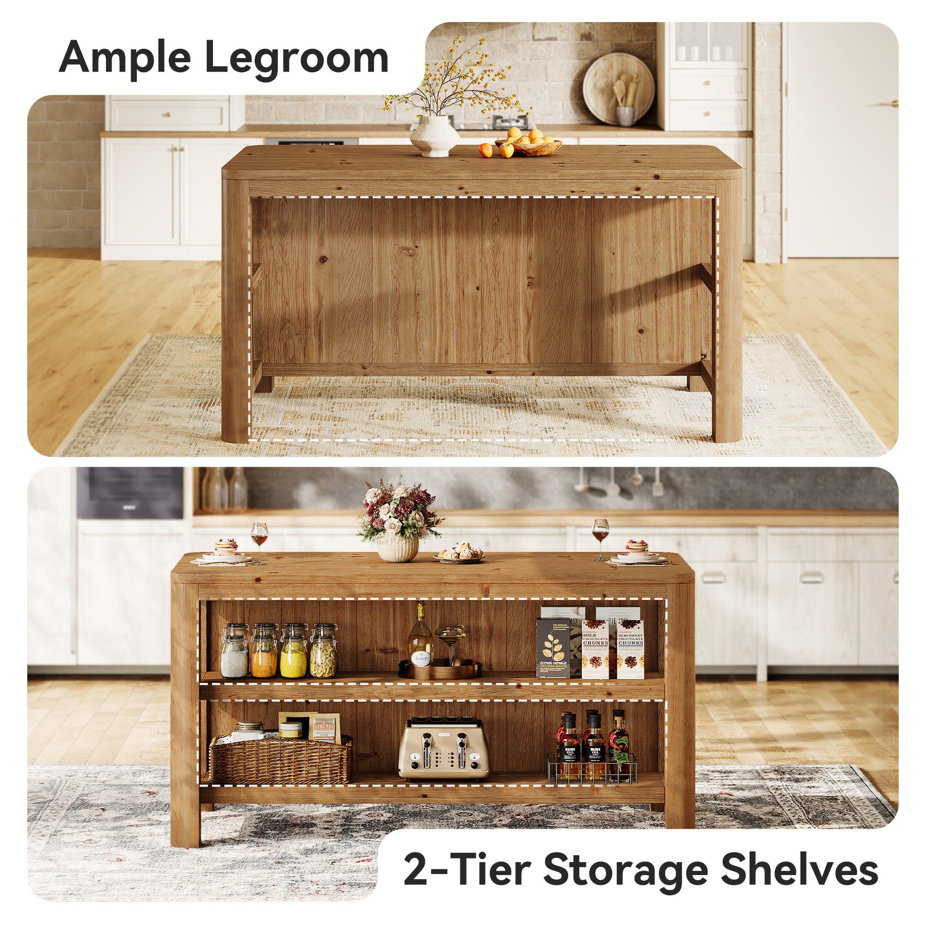 Tribesigns 63-Inch Farmhouse Kitchen Island, Solid Wood Island Table with Open Storage Shelves