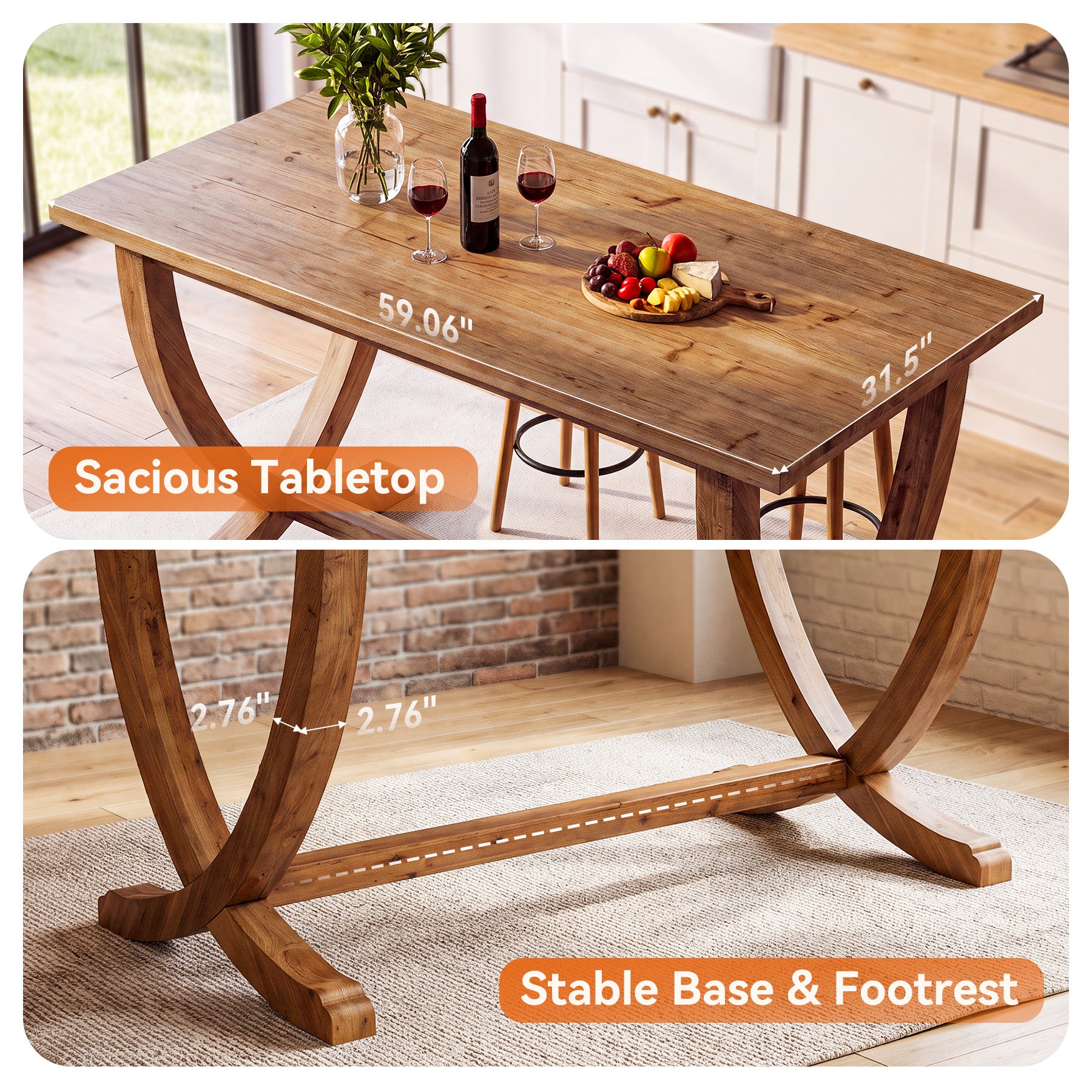 Tribesigns 59 Inch Solid Wood Counter Height Dining Table with Footrest, Farmhouse Bar Table for 4-6