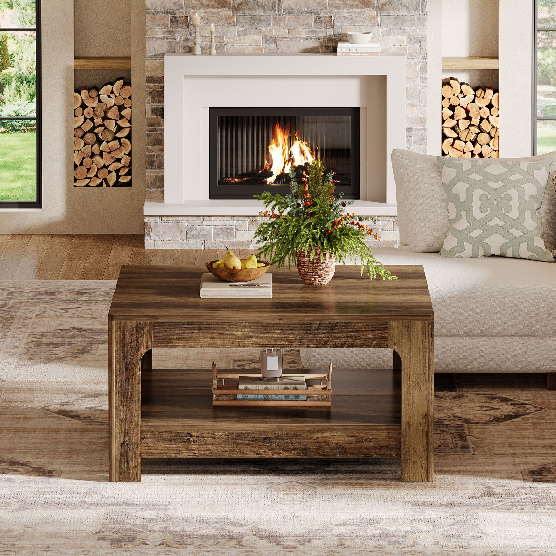 Tribesigns 39.4-Inch Square Coffee Table, Large Farmhouse Center Table with Storage Shelf for Living Room