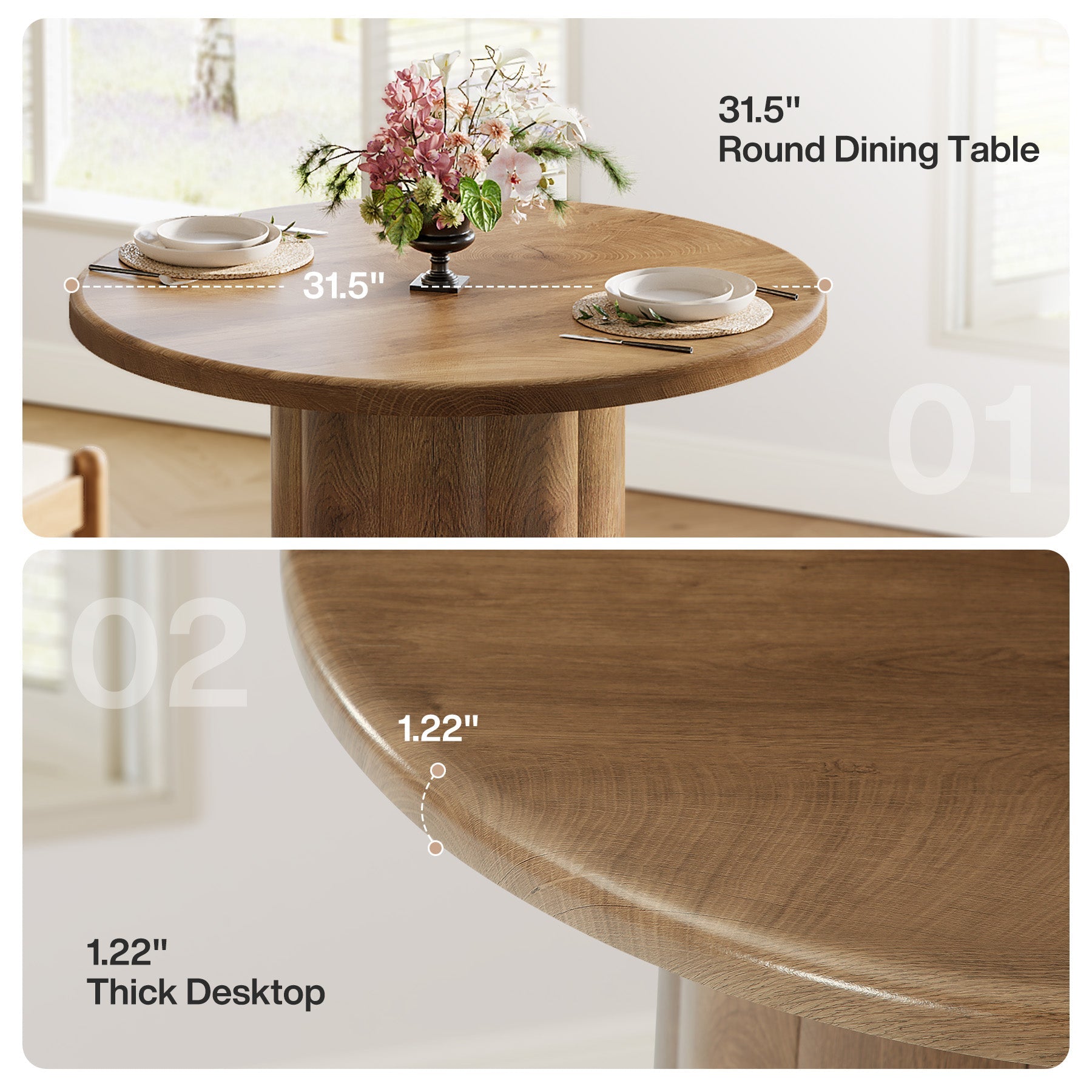 31.5" Round Dining Table - Rustic Brown Kitchen Table for Small Spaces with Sturdy Base