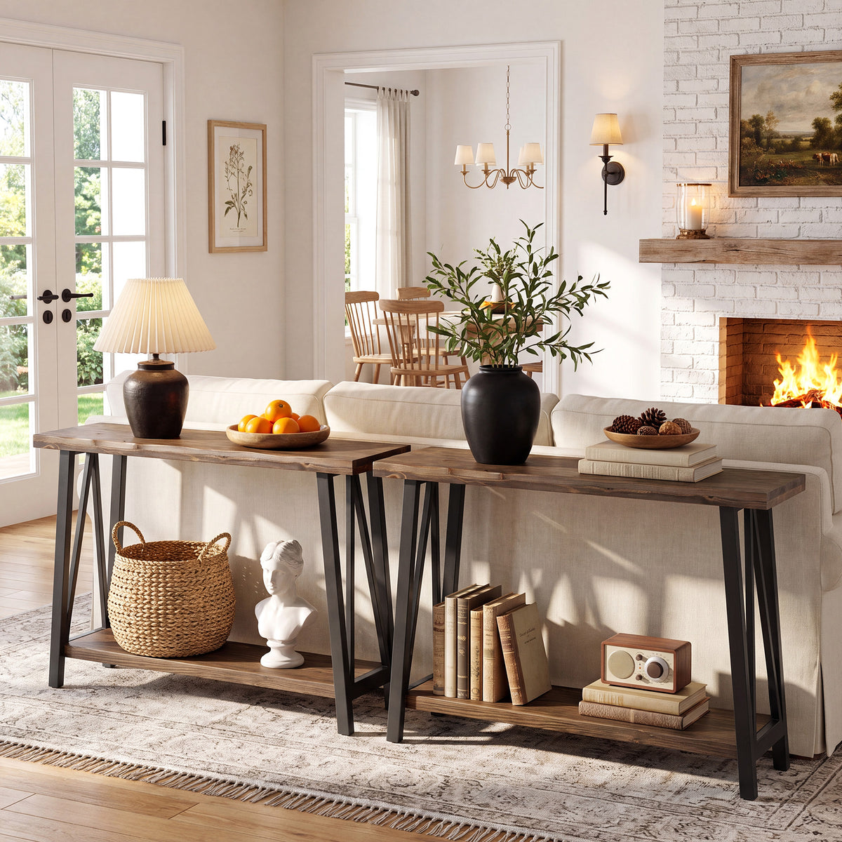 Tribesigns 41.3" Live Edge Solid Wood Console Table with 2-Tier Storage, Industrial Sofa Table for Hallway