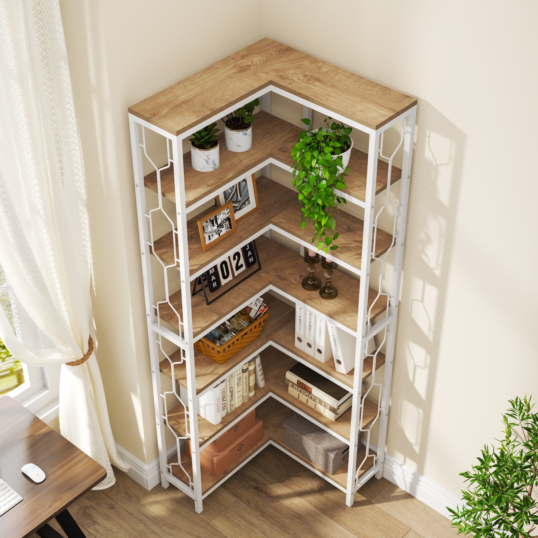 78.7-Inch 7-Tier Corner Bookcase with Hexagon-Pattern Side Panels, Tall Display Unit for Living Room