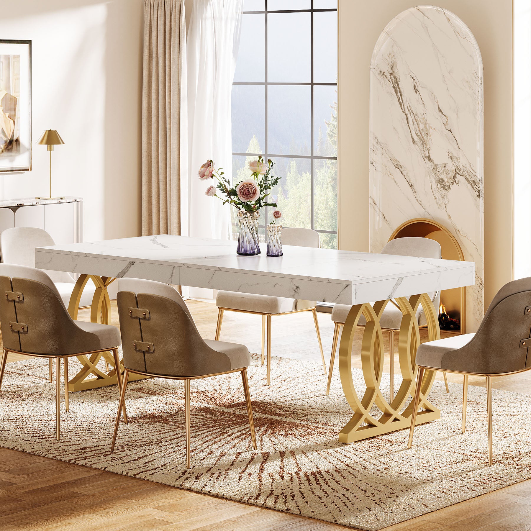 Tribesigns 63-Inch Modern Dining Table for 4-6 People, Faux Marble Kitchen Table with Gold Legs