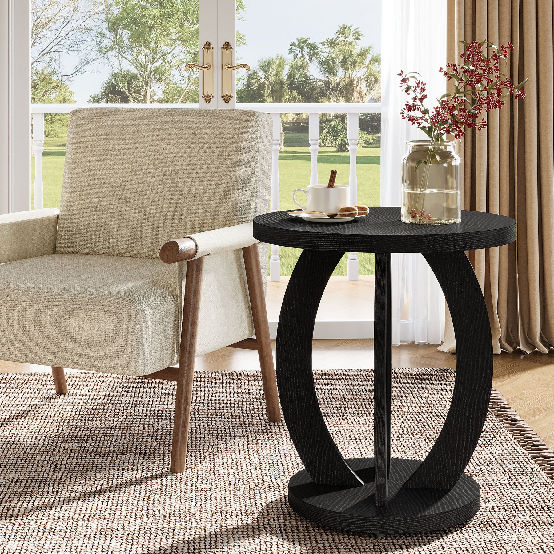 24" Round Farmhouse Nightstand - Bedside Table with Storage, Wood Base, Brown