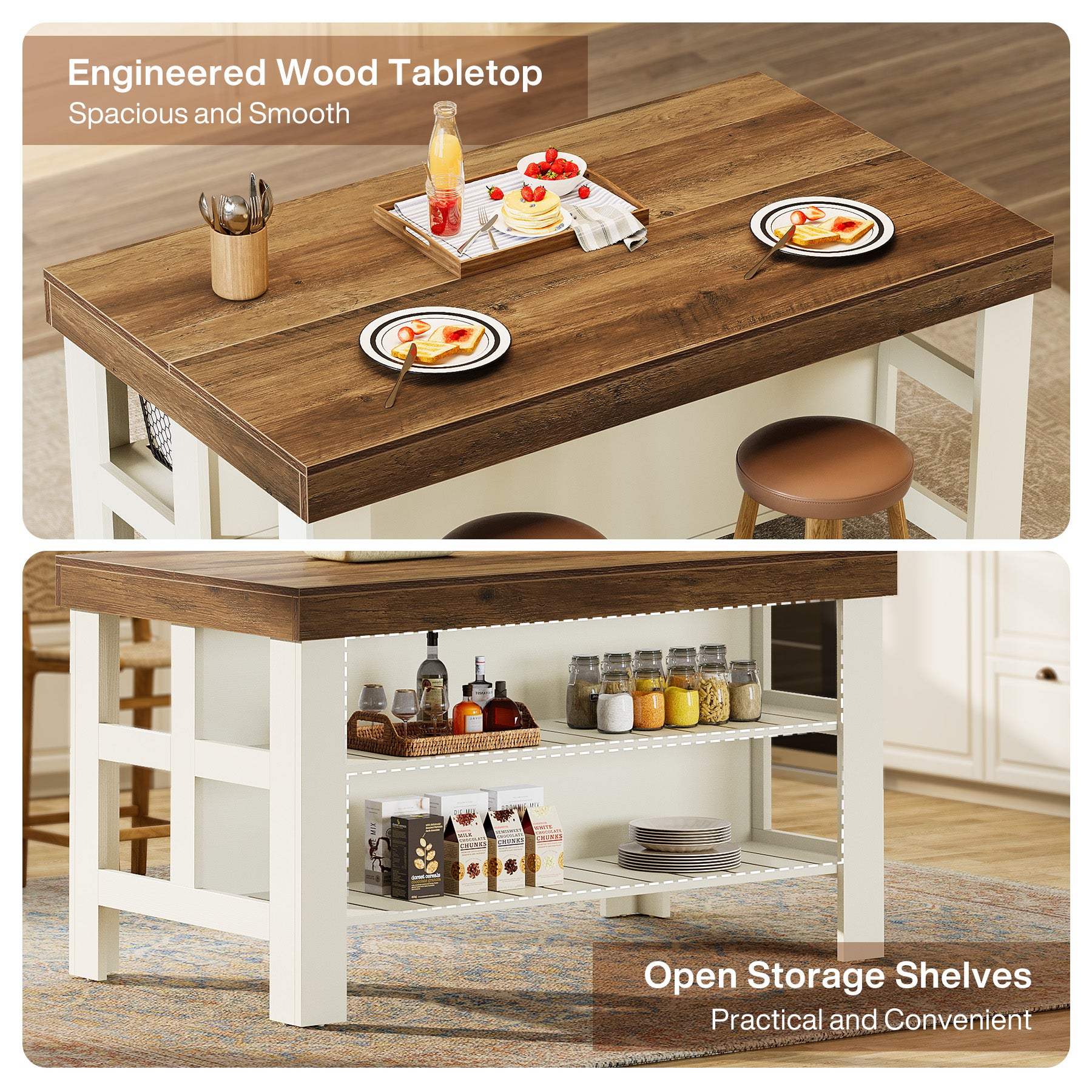 Tribesigns 55.1-Inch Kitchen Island with Seating and Storage Shelves, Farmhouse Breakfast Counter Table for Kitchen and Dining Room