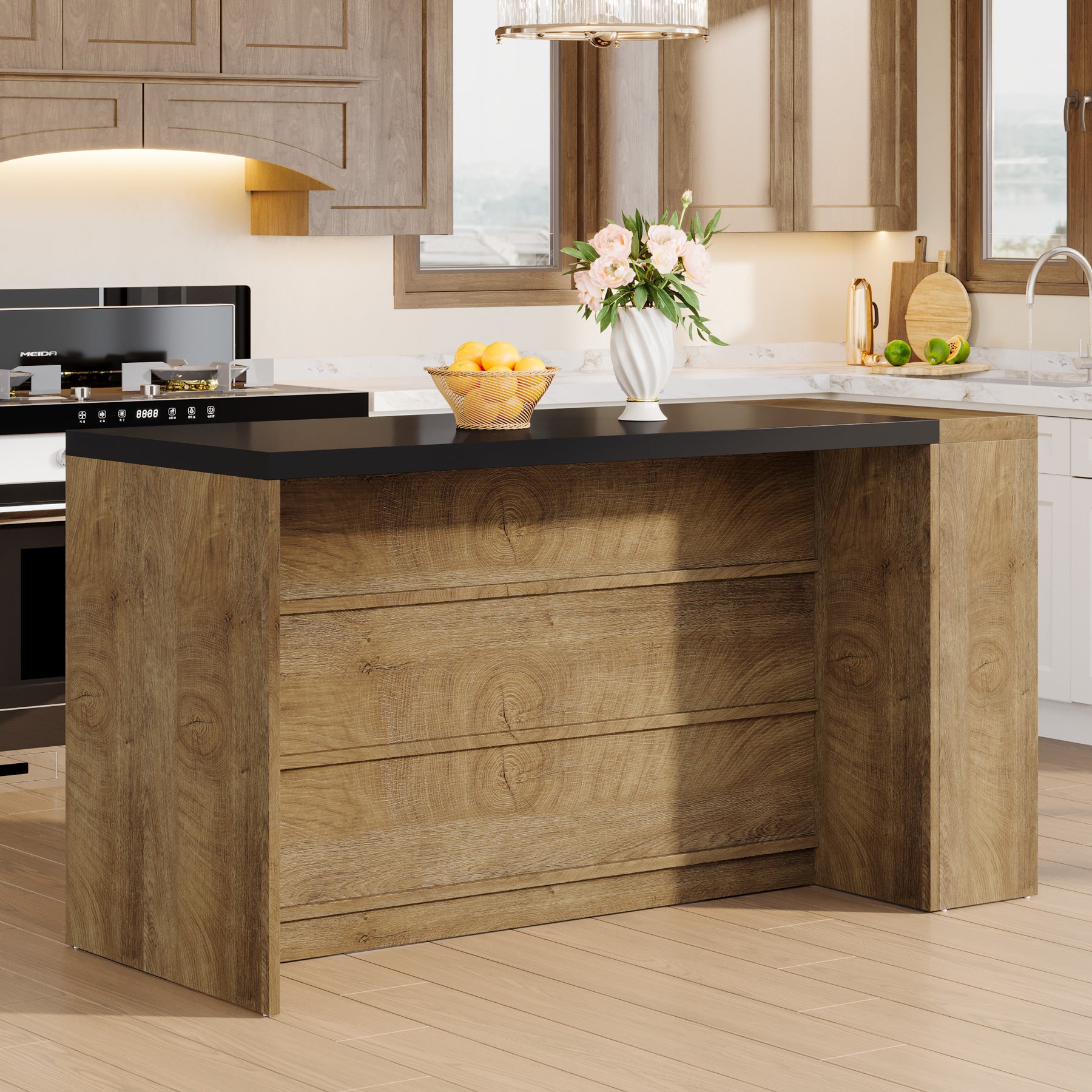 55.12-Inch Kitchen Island with 5-Tier Storage Shelves and Large Countertop, Farmhouse Coffee Bar Table for Kitchen