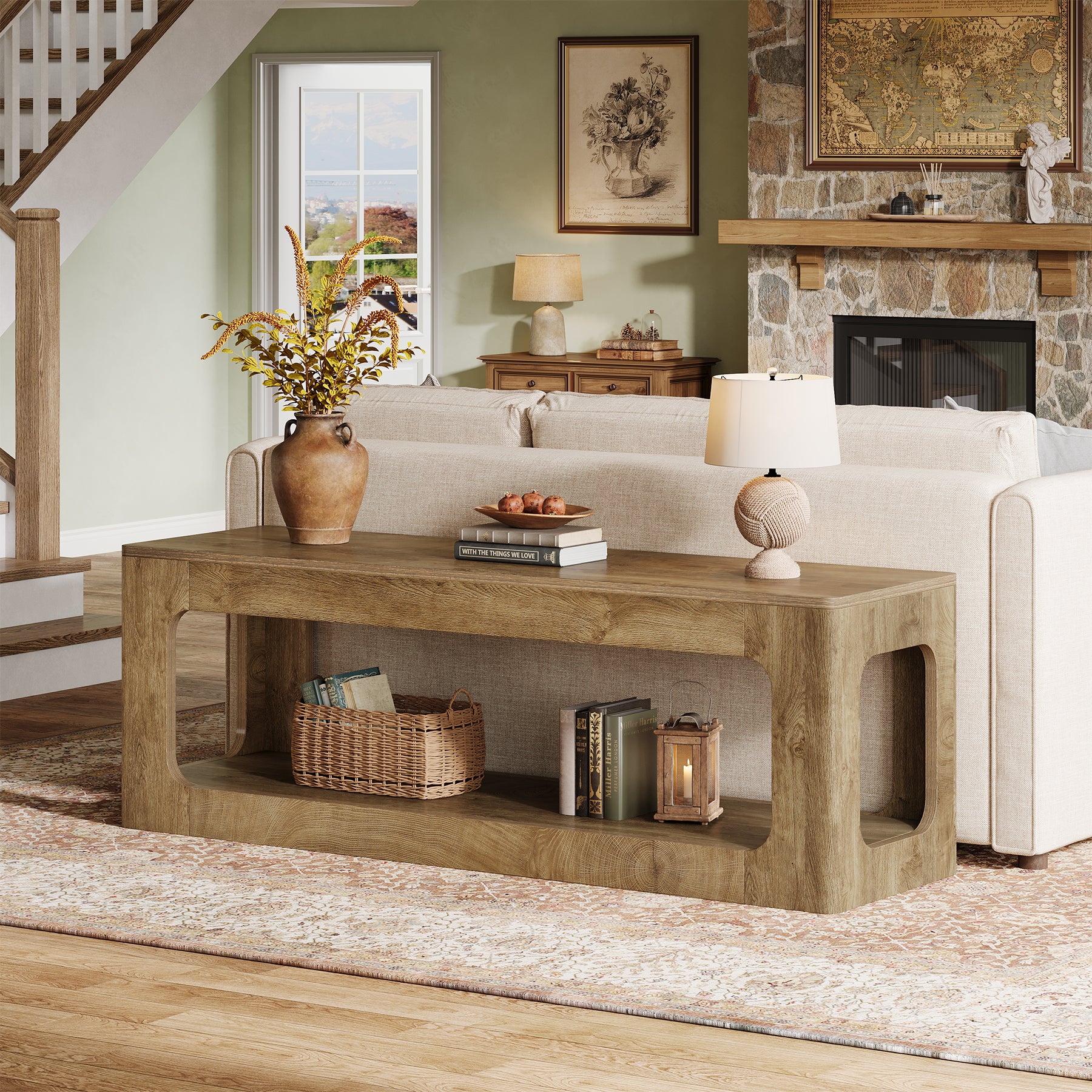 Tribesigns 63-Inch Farmhouse Console Table with Circle Design, 2-Tier Entryway Table for Hallway