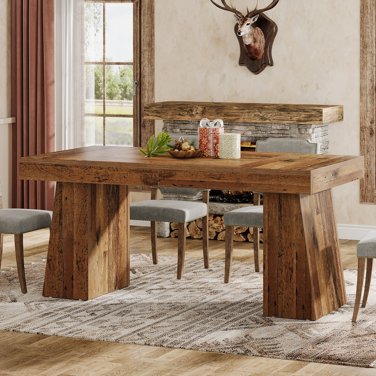 Tribesigns 55-Inch Dining Table for 4-6 People, Rectangular Farmhouse Kitchen Table with Double Pedestal Base