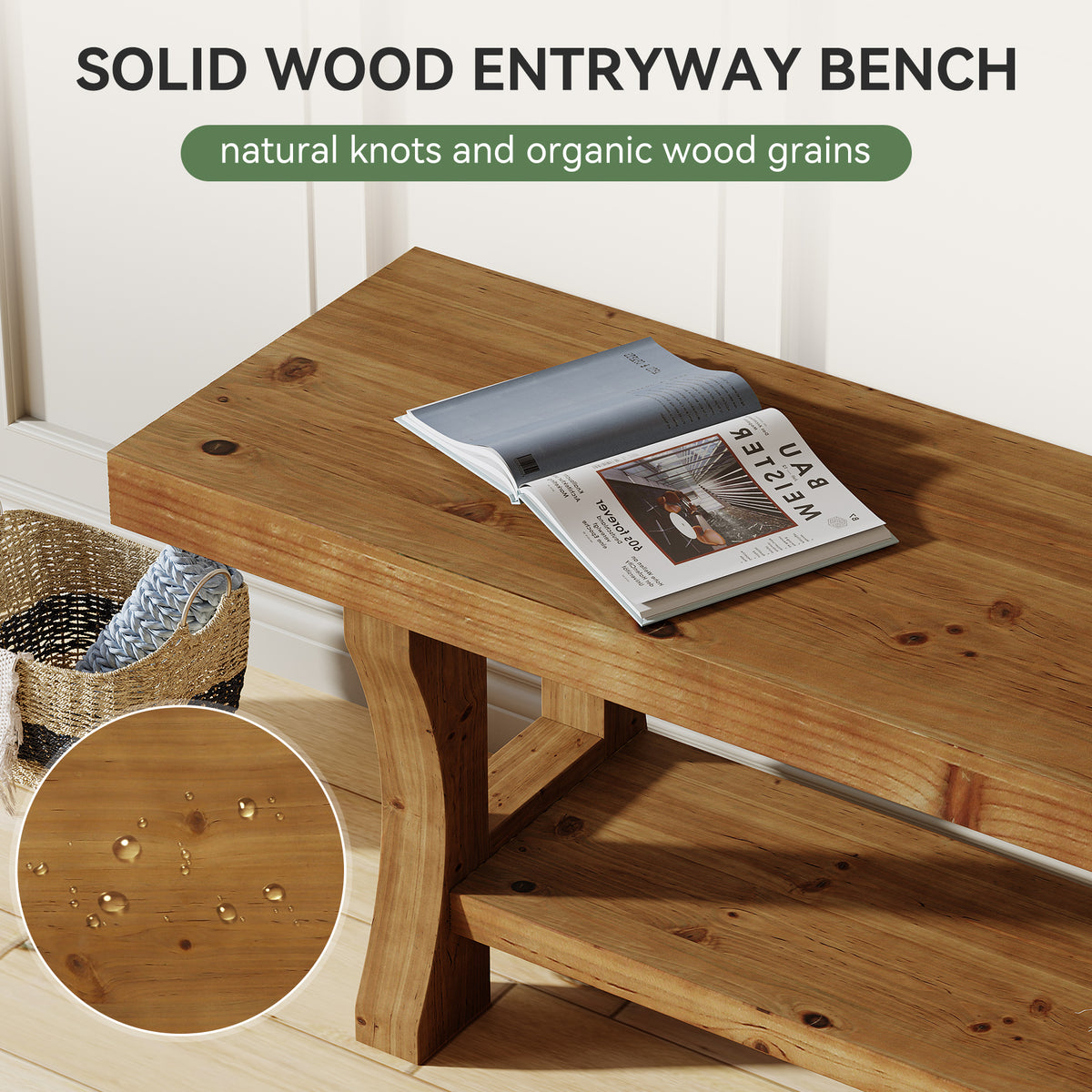 55.1 Inch Solid Wood Hallway Bench with Storage Shelf, Farmhouse Shoe Bench for Entryway